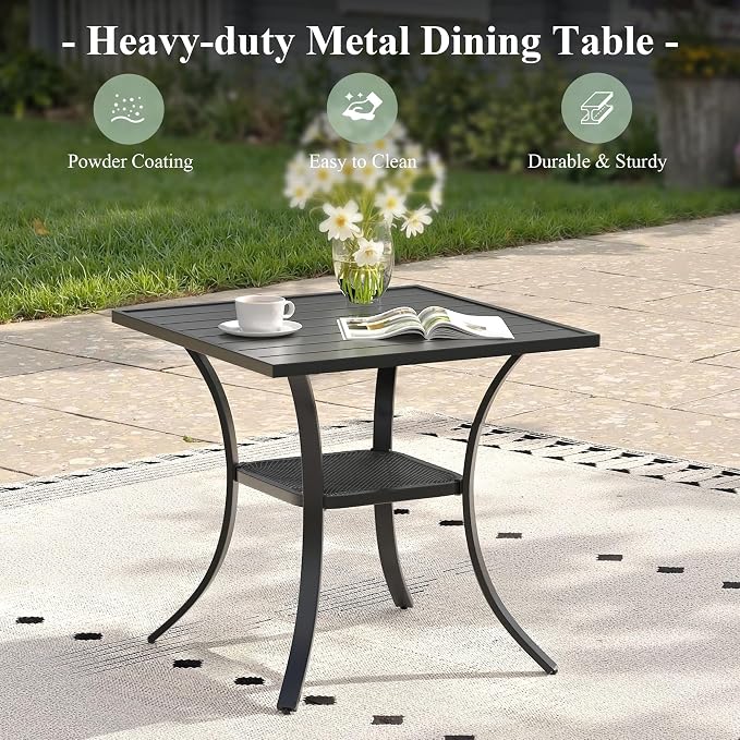 Outdoor Dining Set for 2, 28" Metal Square Outdoor Dining Table and Sling Patio Swivel Chairs, 3 Pieces Patio Table and Chairs Set for Garden Backyard, Mixed Brown and Black