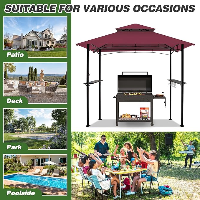 GARTOO 8'x5' Outdoor Grill Gazebo - Double Roof BBQ Gazebo Canopy with 2 Side Shelves and LED Lights, Patio BBQ Pergola Shelter for Garden, Porch and Backyard (Red)