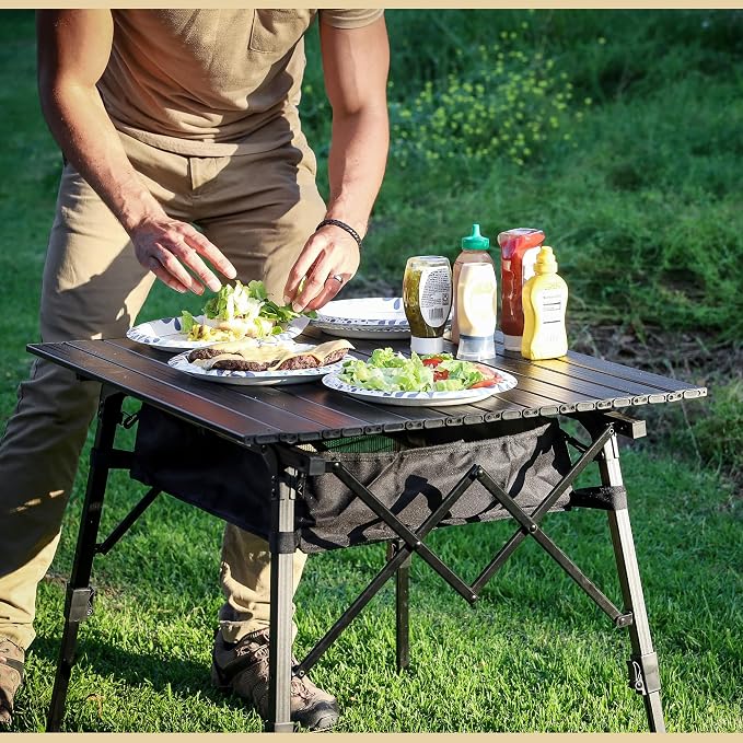 ARROWHEAD OUTDOOR 2-Pack 39" Aluminum Folding Camp Roll Up Table w/Adjustable Height, Undertable Mesh Storage, Carry Bag