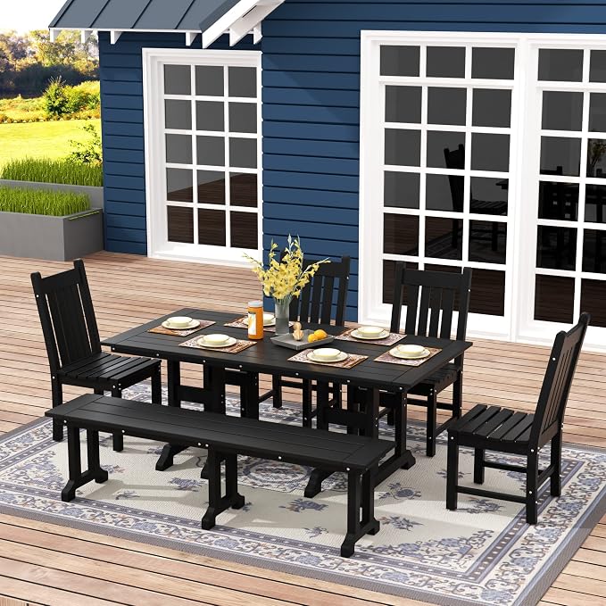 WO Home Furniture Adirondack Patio Dining Chair Table Bench Set of 6 PCS Rectangle Dinner Table Dining Armless Chairs (Black)