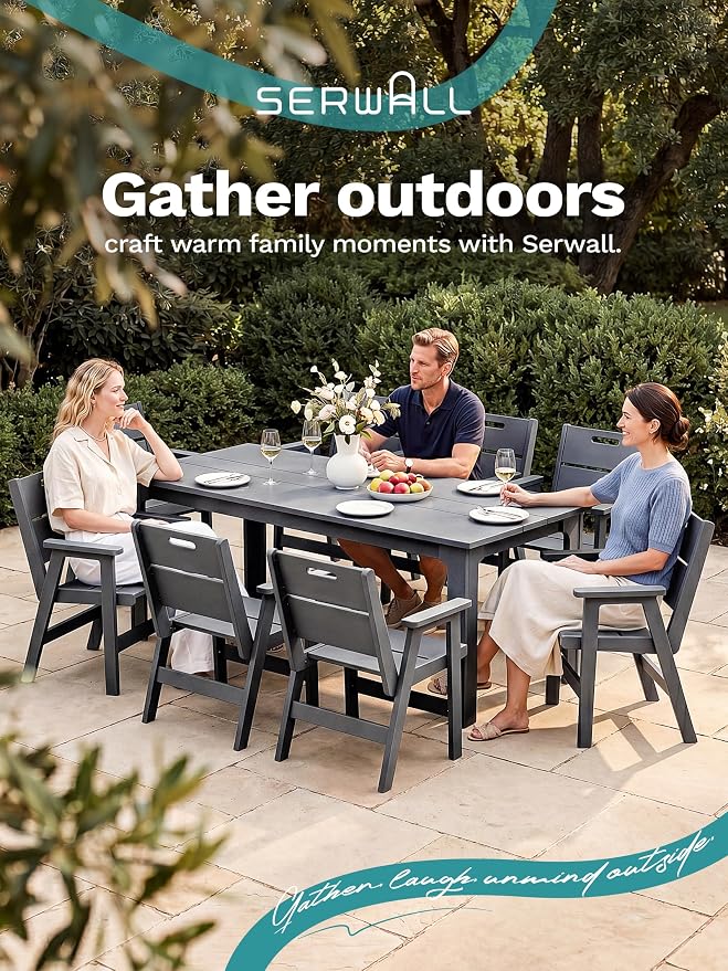 SERWALL 9-Piece HDPE Outdoor Patio Dining Set, All-Weather Rectangular Table with Umbrella Hole & 8 Arm Chairs, Weather Resistant Heavy Duty Outdoor Furniture for Backyard, Deck, Garden, Gray