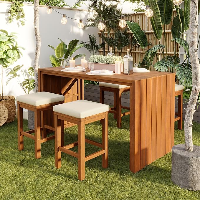 5 Piece Outdoor Bar Set for 4, Acacia Wood Bar Height Table & 4 Stools with Removable Cushions, Wood Dining Table Bar Set with Adjustable Feet for Backyard, Poolside, Balcony, Beige+Natural
