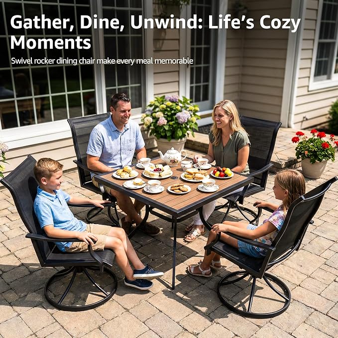 NATURAL EXPRESSIONS Patio Table and Chairs Set for 4,5 Piece HDPS Outdoor Dining Set with 4 Swivel Dining Chairs,Textilene Mesh Fabric,36" Fauxwood Patio Dining Table with Umbrella Hole for Garden