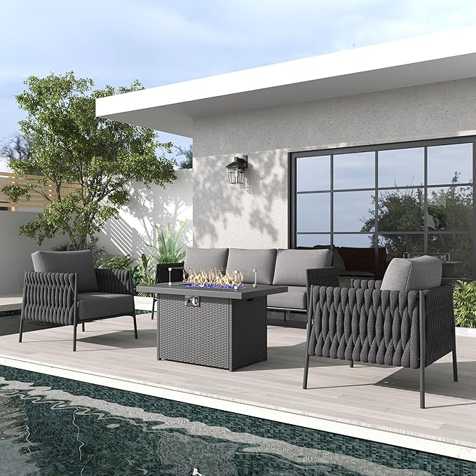 LayinSun 4 Piece Outdoor Furniture Set with Fire Pit Table, Modern Rope Woven Patio Conversation Sofa Set with Olefin Braid and Deep Seating
