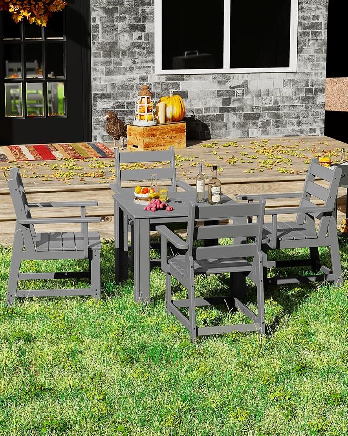 GREENVINES 5-Piece-Outdoor-Dining-Set | HDPE | Square | Patio Furniture | Table and Chairs Sets for 4 | All Weather | Removable Armrests | Umbrella Hole | for Backyard Poolside Garden | Grey