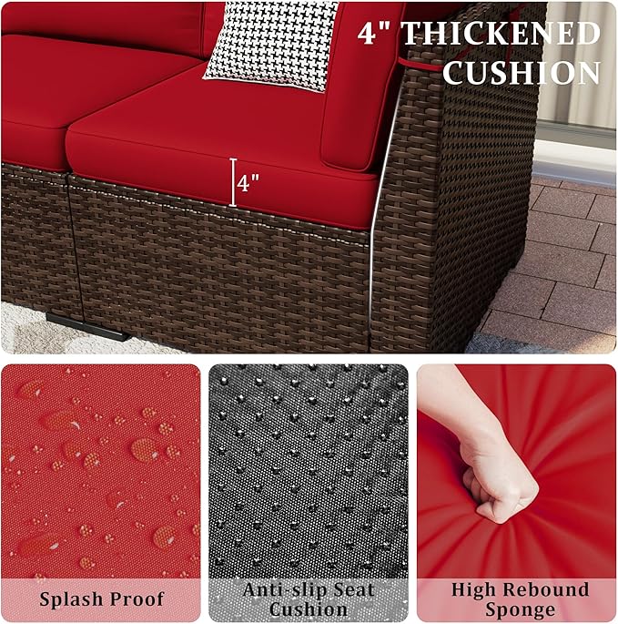 8 Pieces Outdoor Patio Furniture Set with 44" Fire Pit Table Rattan Sectional Conversation Sets w/Gas Fire Pit, Coffee Table, 1 Waterproof Covers, Wine red