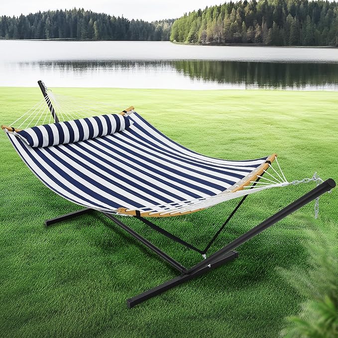 SUPERJARE Curved-Bar Hammock with Stand, 2 Person Heavy Duty Hammock Frame, Detachable Pillow & Portable Carrying Bag, Perfect for Outdoor & Indoor, Denim Blue with White Stripes