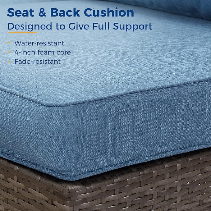 Wisteria Lane 7 Piece Patio Furniture Sets,All Weather Outdoor Sectional Patio Sofa Manual Weaving Wicker Patio Seating Rattan Sofas with Glass Table,Blue