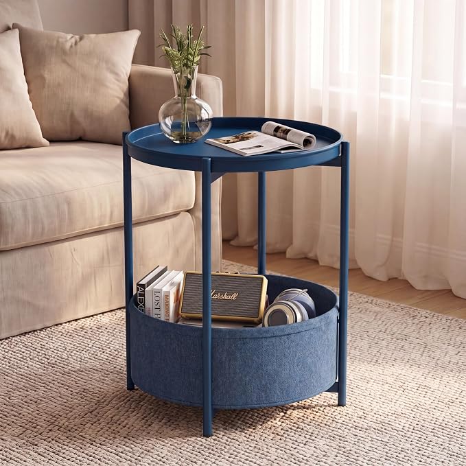 Garden 4 you Side Table with Fabric Storage Basket, Round Metal End Table, Small Bedside Table Nightstand with Removable Tray, for Nursery, Living Room, Bedroom, Bathroom, Blue