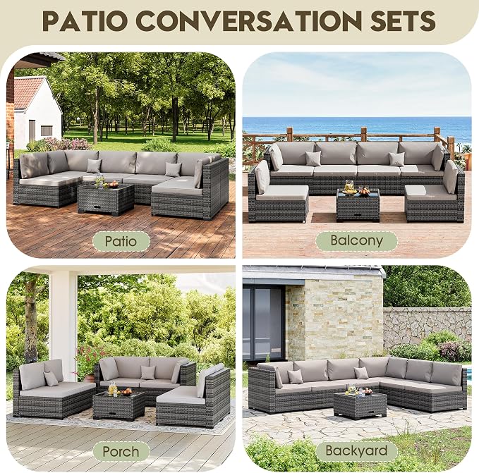 LHBcraft 7 Pieces Outdoor Furniture Set, Wicker Furniture Patio Conversation Sets with Tea Table and Thickened Beige Cushions,Grey Outdoor Patio Sectional Sofa for Garden, Poolside, Backyard