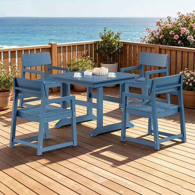 JAMFLY 5 Piece Outdoor Dining Set, All Weather Patio Table and Chairs for Backyard Garden Deck Lawn Pool, Sturdy All Weather Outdoor Furniture Set, Blue
