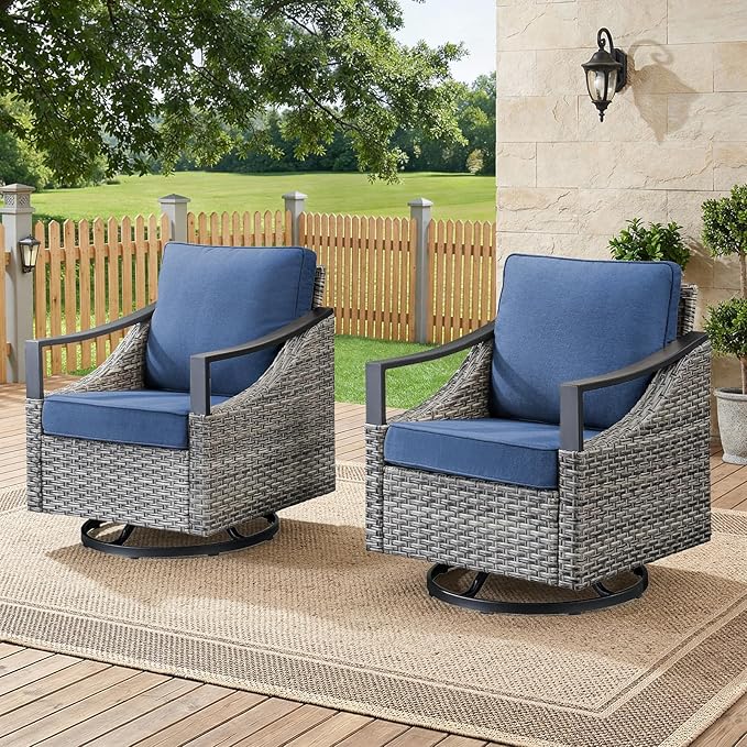 Outdoor Swivel Rocker Patio Chairs-High Back Wicker Swivel Rocker Patio Chairs Set of 2,PE Wicker Chair Outdoor Patio Furniture Sets with Covered Cushions for Porch Balcony Patio Deck Grey/Blue