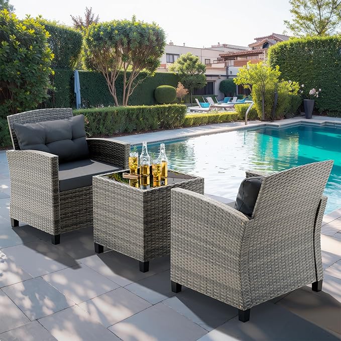 JAMFLY 3 Piece Wicker Patio Furniture Set - Space Saving Outdoor Rattan Conversation Set with Soft Cushions & Glass Coffee Table for Balcony, Porch, Small Backyard - All Weather Grey Bistro Set