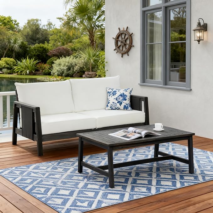 Christopher Knight Home Crew Acacia Wood Outdoor Loveseat and Coffee Table Set, 2 Piece Patio Furniture Set with Removable Cushion, Solid Wood Outdoor Conversation Set, Black+White