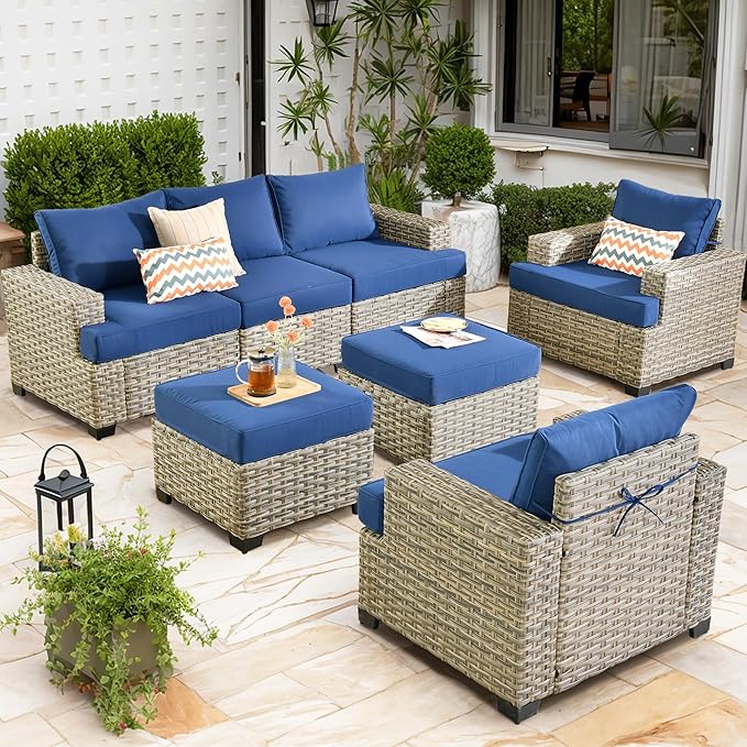 Patio Furniture Sets 7 Pieces Outdoor Sectional Rattan Sofa Manual Weaving Wicker Patio Conversation Set with Ottomans and T Cushion(Blue)