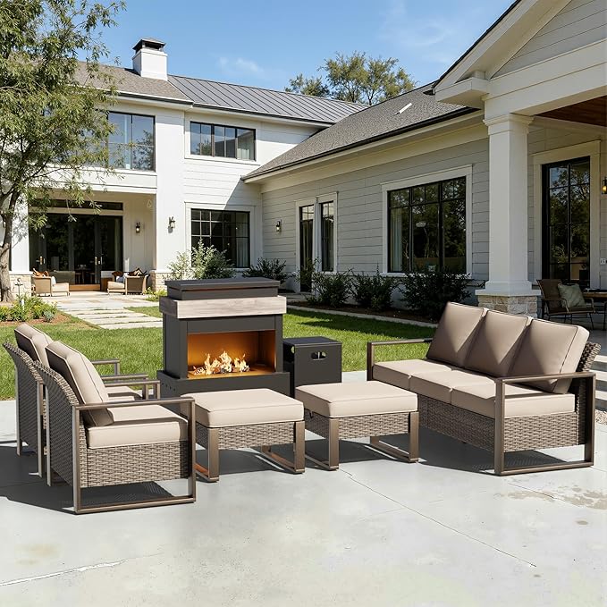 6 Pieces Metal Wicker Patio Furniture Set - 75" Sofa, Two Armchairs and Two Ottomans, One Fireplace All Weather Rattan Outdoor Conversation Furniture with Washable Cushion for Deck Porch, Beige
