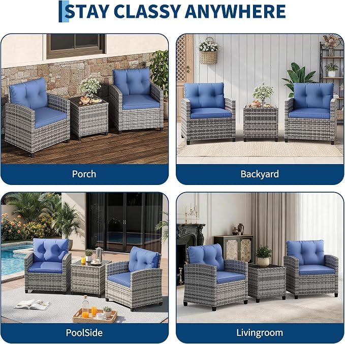 IDEALHOUSE 3-Piece Outdoor Patio Furniture Set, PE Rattan Wicker Conversation Chairs with Tempered Glass Side Table and Removable Cushions, Balcony, Porch & Garden Seating Set, Grey+Navy Cushion