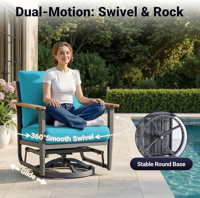 Aluminum Outdoor Patio Furniture Set, 8-Piece Sectional Sofa with 5.1" Thick Cushions, 4 Swivel Rocking Chairs, 55,000 BTU Propane Fire Pit Table, Outdoor Couch for Backyard, Deck, Blue