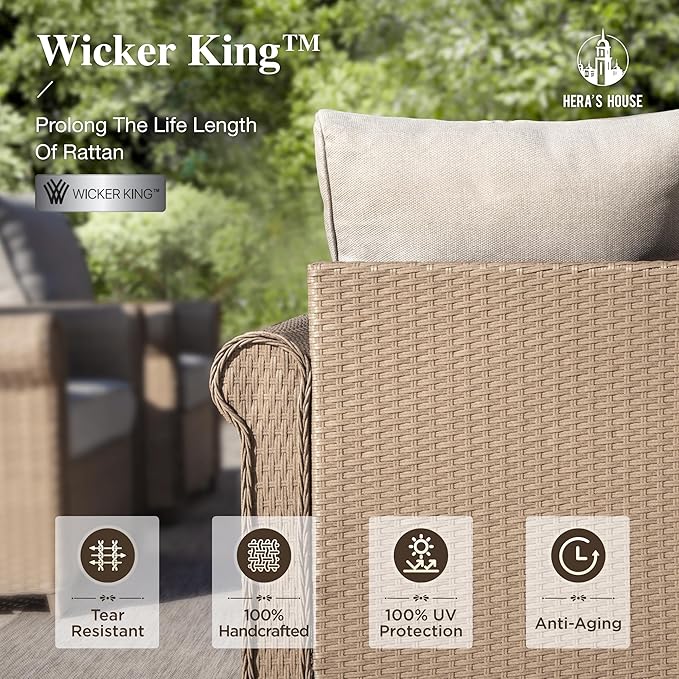 HERA'S HOUSE 5 Pieces Patio Furniture Set, All Weather 7 Seats Outdoor Wicker Sofa with Ottoman, 5.5" Thick Waterproof Cushion Conversation Set for Garden Deck Backyard, Beige