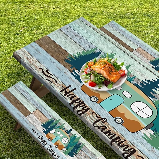 Picnic Table Cover with Bench Covers Elastic Edges, Green Camper Fitted Table Cover, Outdoor Patio Camping Essentials 72 Inch 3PCS, Waterproof Camping Fitted Tablecloth with Drawstring Bag
