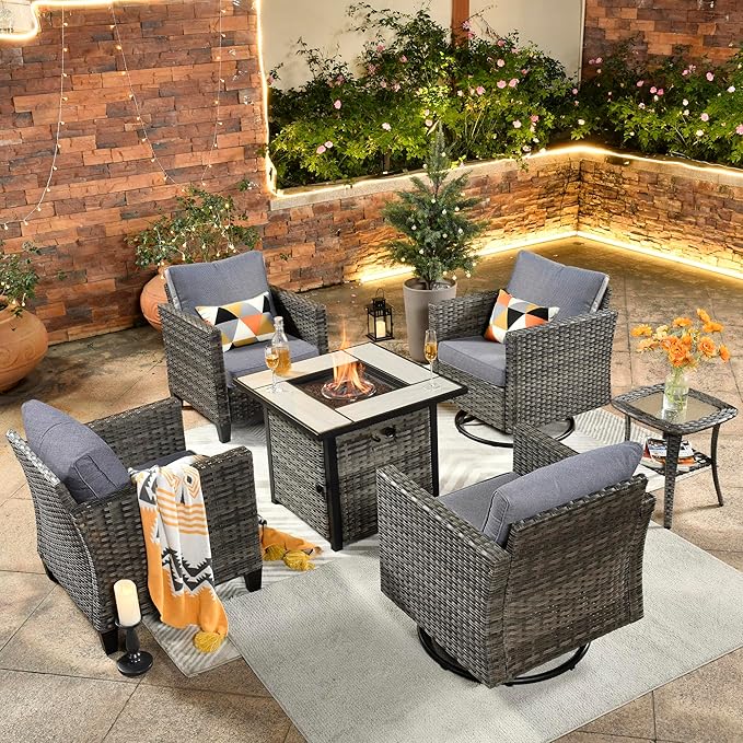 ovios 6 Pieces Patio Furniture Set, Outdoor Wicker Rattan Swivel Chairs with 30" Fire Pit Table, High Back Rocking Glider Chair Conversation Sets for Porch Deck, Dark Grey