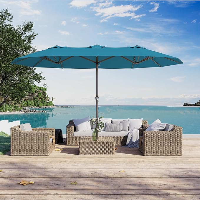 PatioKingdom 15FT Large Patio Umbrella with Base, Double Sided Rectangular Outdoor Umbrella with Sturdy Fiberglass Ribs, Market Umbrella for Pool,Garden,Backyard,Deck (Lake Blue, 15FT)