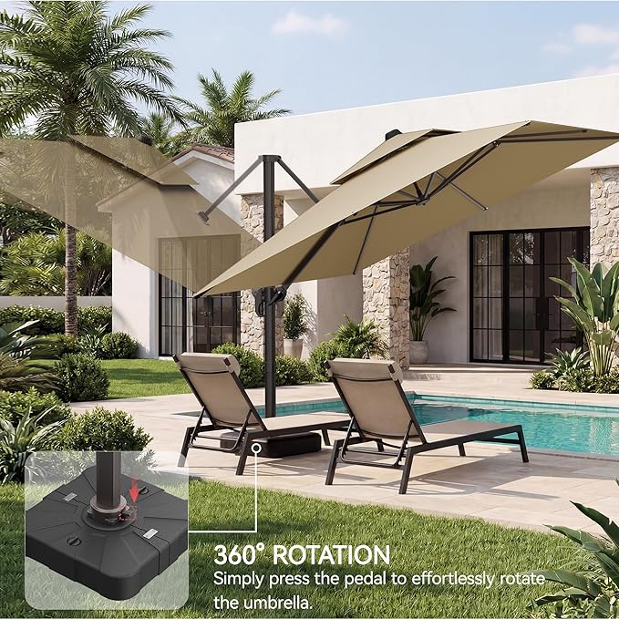 10x10 FT Patio Umbrella with Base, Large Cantilever Double Top Heavy Duty Offset Umbrellas with 360° Rotation, Outdoor shade for Garden Deck Pool, Beige
