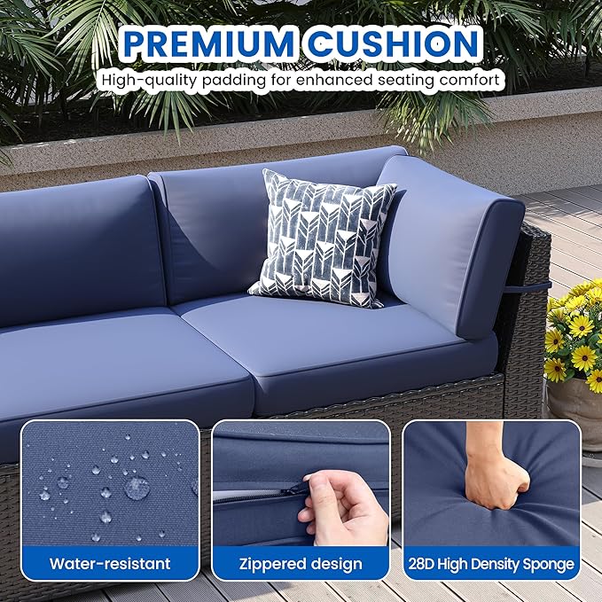 8 Piece Patio Furniture Set with 44” Fire Pit Table All-Weather Wicker Conversation Sectional Sofa & Coffee Table with Thickened Cushions for Backyard, Garden(Navy Blue)