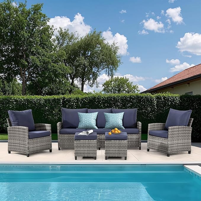 FHFO 5 Pieces Outdoor Patio Sectional Furniture Set, Wicker Patio Conversation Sofa Couch Set with Ottomans Rattan Chair and Table for Outside, Garden,Grey-Blue