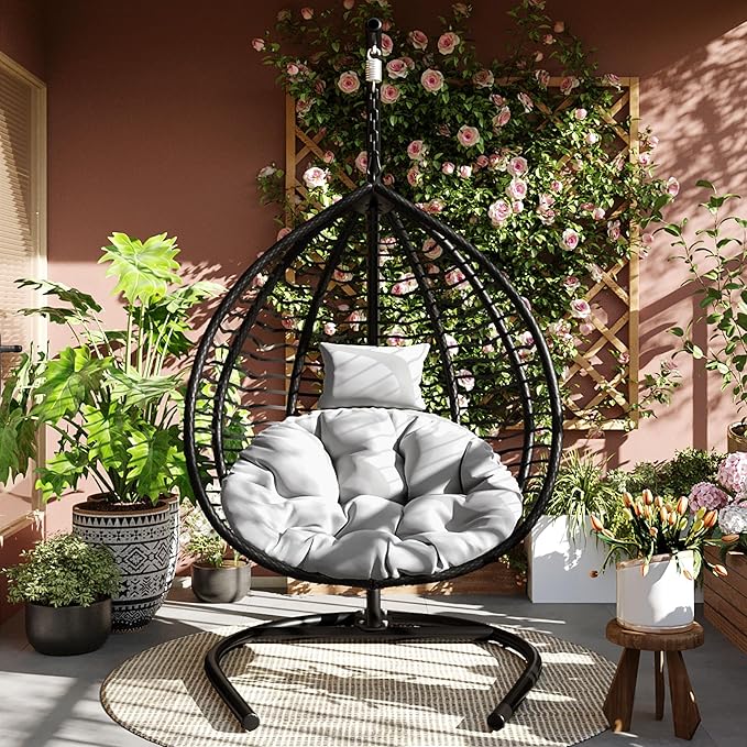 Folding Egg Chair, Outdoor Hanging Hammock Chair with Stand, Patio Wicker Hanging Chair with Iron Frame and Plush Cushion & Removable Headrest for Bedroom, Balcony, Garden (BlackGrey-A)