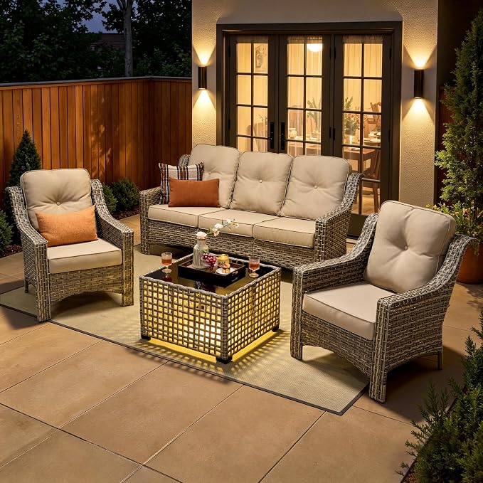 4 Piece Patio Furniture Set with Solar Light Coffee Table, Heavy Duty Wicker High Back Sofa Chairs with Thick Cushion, Small Outdoor Conversation Sets for Backyard Garden Porch, Beige