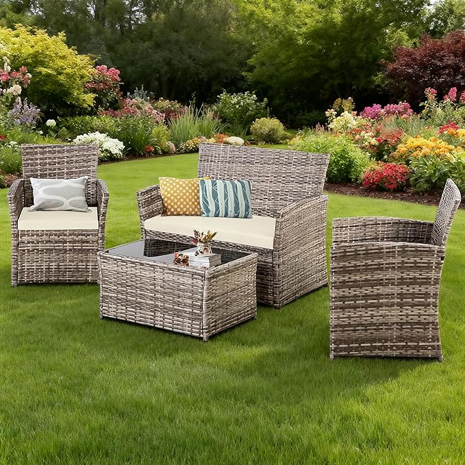 4 Piece Patio Furniture Set, Outdoor Wicker Conversation Set, Rattan Sectional Sofa Couch with Glass Coffee Table & Thick Cushion for Backyard, Porch, Garden, Poolside, Grey/Beige