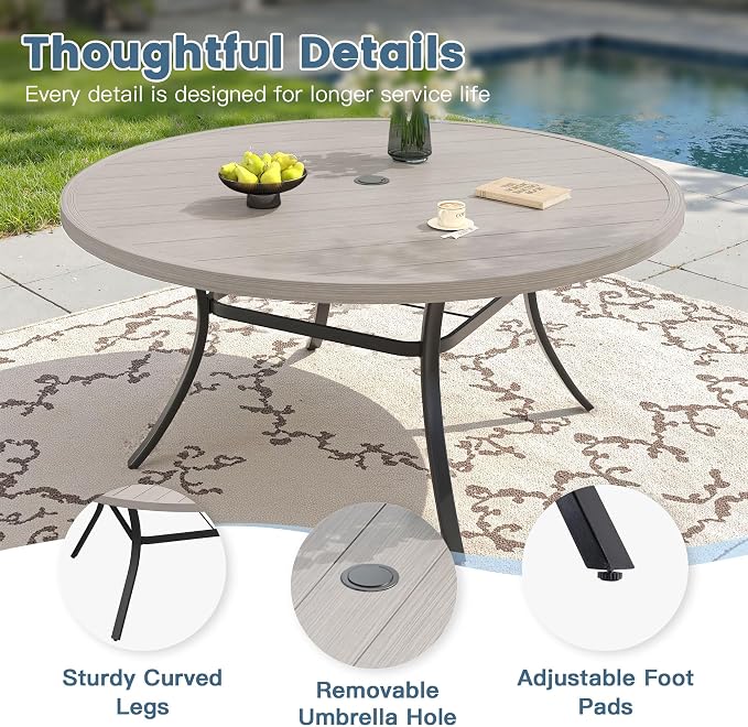 DIFY Patio Dining Set for 10, 11 Piece Outdoor Table and Chairs Set, 63" Grey Wood-Like Round Metal Patio Dining Table and Grey Textilene Stackable Patio Chairs, for Backyard Garden Poolside