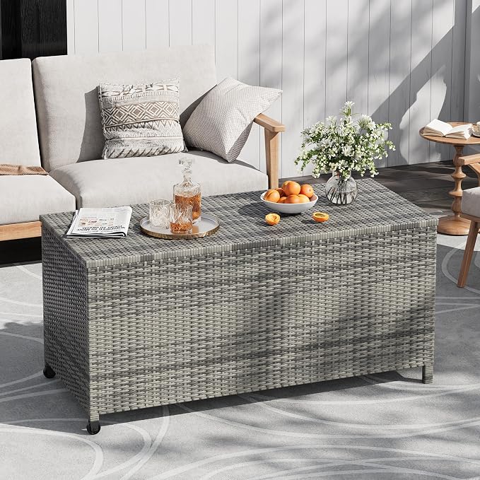 TROPOW 125 Gallon Waterproof Outdoor Wicker Deck Box, PE Rattan Storage Bin