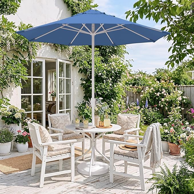 California Umbrella 8-Year Protection 7.5 Ft Outdoor Patio Umbrella, Solstice Fade-Resistant Fabric, Auto-Tilt, Heavy Duty Aluminum Frame, 8 Reinforced Ribs for Pool or Deck, White Pole, Frost Blue