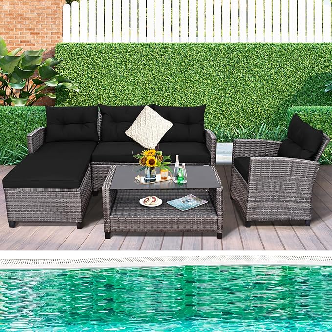 Tangkula 4 Pieces Rattan Conversation Set, Patiojoy Outdoor Furniture Set with Cushions, Lounge Sofa Set with Coffee Table, Patio Sectional Sofa Set for Patio Garden Poolside Backyard (Black)