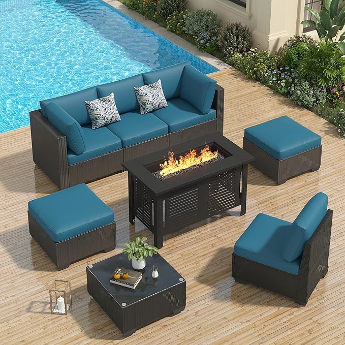 U-MAX 7 Piece Outdoor Patio Furniture Set with Extra 43 Inch Fire Pit Table, PE Rattan Wicker Sofa Set, Outdoor Sectional Furniture Chair Set with Tea Table, Black Rattan and Peacock Blue Cushion