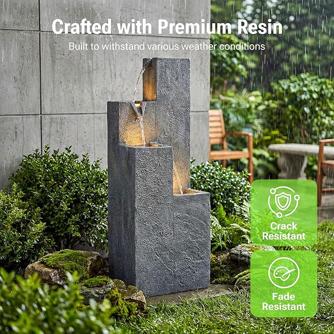 33-Inch Modern Outdoor Water Fountain, 4-Tier Resin Garden Waterfall Fountain, with Soothing Water Sound & Warm LED Light, Home Decor for Patio, Yard, Porch, Deck, Lawn or Balcony in Gray