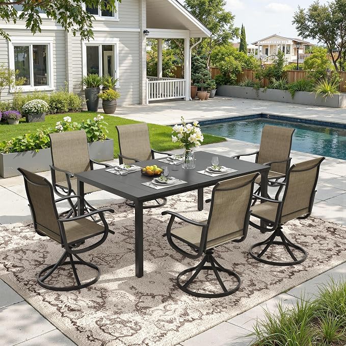 DIFY Outdoor Dining Set for 6, 7 Piece Patio Table and Chairs Set, Swivel Patio Chairs with Brown Textilene & 63" Black Rectangle Metal Dining Table with Umbrella Hole, for Garden Backyard Deck
