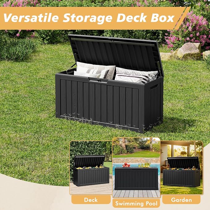 Fancyango 90 Gallon Outdoor Deck Box Waterproof, Large Storage Box for Patio, Resin Storage Bench Lockable for Garden Tools, Package Delivery, Black