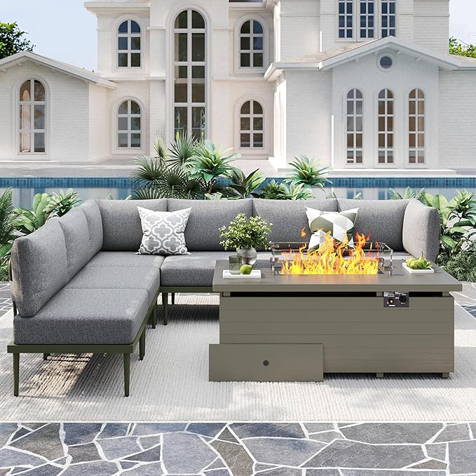 Metal Patio Furniture Set, 7 Pieces Outdoor Sectional Couch Sets with Fire Pit Table, 6" Thick Cushion Outdoor Corner Sofa Set for Deck, Patio & Courtyard (Gray/Green)