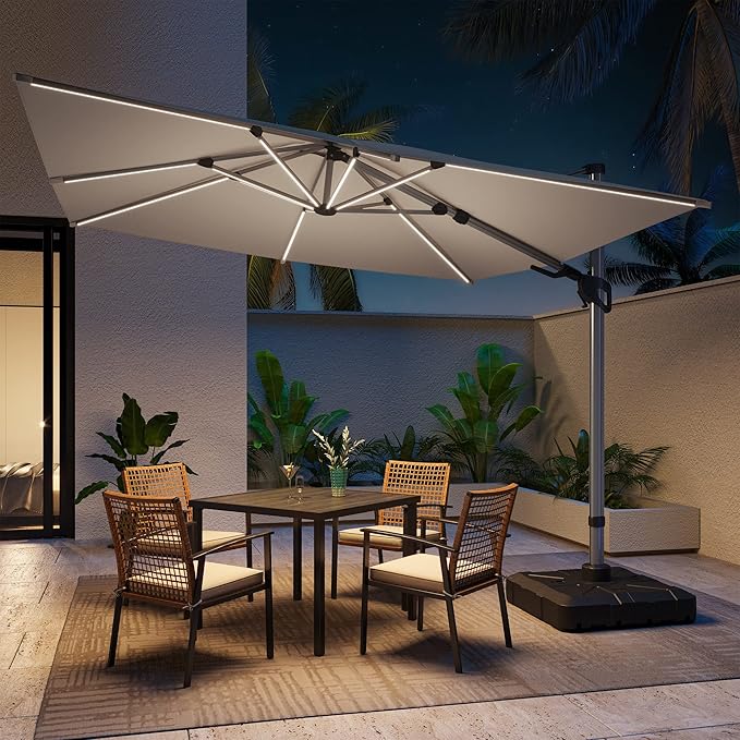 LAUSAINT HOME 10FT Square Cantilever Patio Umbrella with Solar Lights, Windproof Heavy Duty Offset Outdoor Umbrella for Backyard, Pool, Garden & Deck, Gray