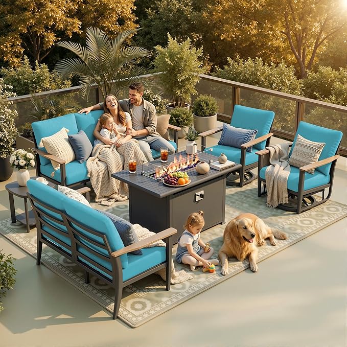 7-Seat Outdoor Patio Furniture Set with Rocking Swivel Chair, Aluminum Sectional Sofa Patio Conversation Set with 55,000 BTU Fire Pit Table & High Backrest & Thickened Cushions, Turquoise