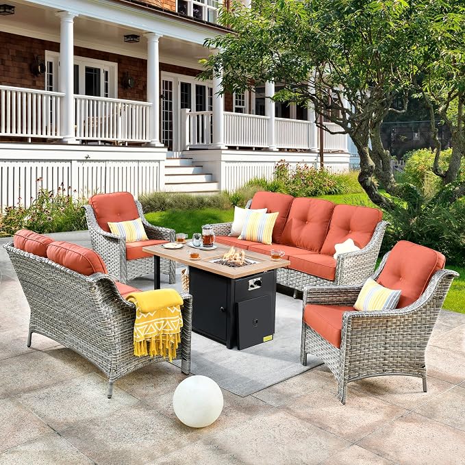 HOOOWOOO 5 Piece Patio Set with Fire Pit Table, All Weather Resistant High Back Rattan Outdoor Wicker Furniture (Red)