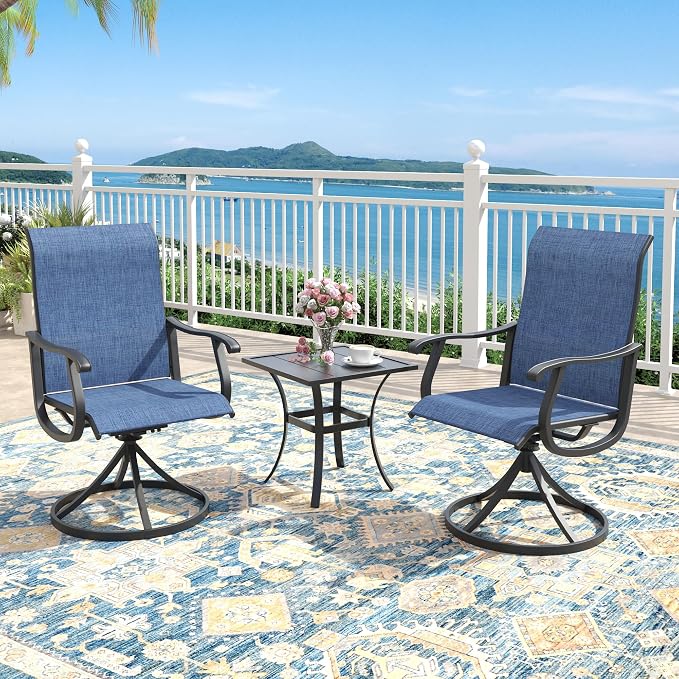 Outdoor Dining Set for 2, 18.1" Metal Square Patio Side Table and Sling Patio Swivel Chairs, 3 Pieces Patio Table and Chairs Set for Garden Backyard, Dark Blue and Black