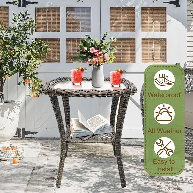Outdoor Patio Coffee Tables, All Weather Resin Rattan Patio Glass Coffee Table, for Garden Backyard Lown Porch