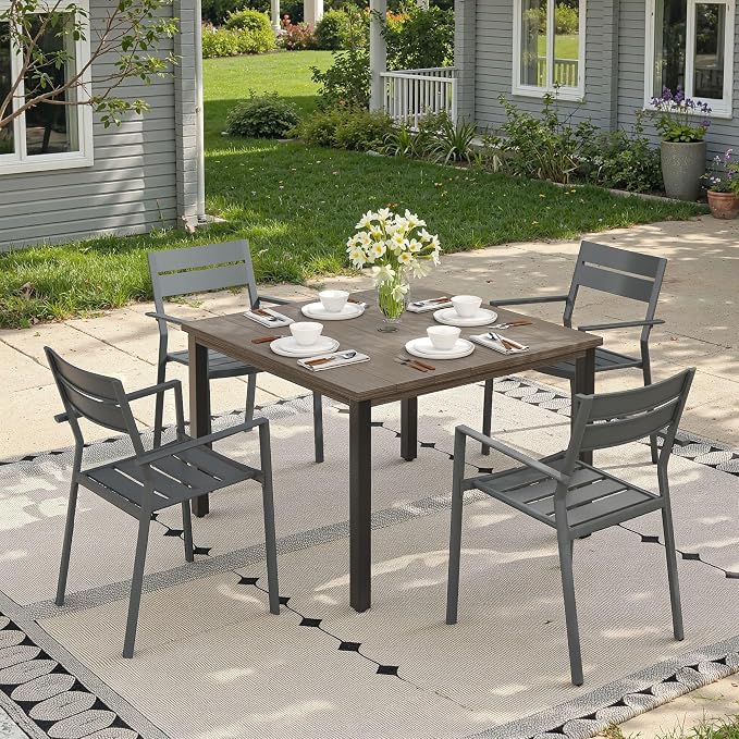 Patio Dining Set for 4, 40.2" Outdoor Dining Table and Chairs Set with Stackable Patio Chairs Outdoor Furniture for Garden Deck Backyard, Grey Table and Grey Chairs