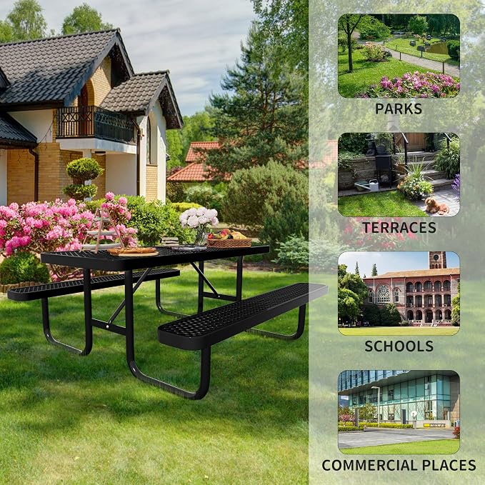 6FT Steel Metal Picnic Table with Benches, Rectangular Lifetime Picnic Table, Outdoor Furniture Heavy Duty Sturdy Commercial Picnic Tables for Patio Garden Courtyard BBQ Shopping Centers