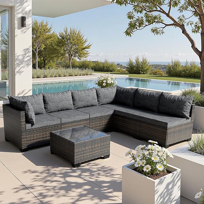 7 Piece Patio Furniture Set, All-Weather Water-Resistant Wicker Rattan Sectional Sofa, Modular Outdoor Conversation Set for Backyard, Garden, Poolside, Balcony