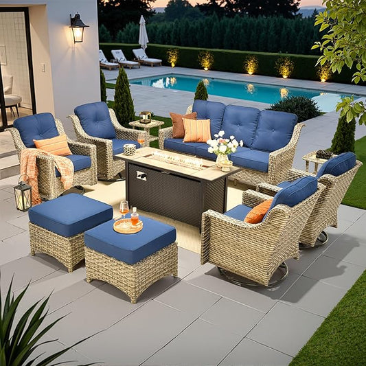 10 PCS Outdoor Patio Furniture Sets, Patio Conversation Sets Outside Rattan Soft Cushion Sofa with 4 Wicker Rocking Chairs & 54 in Fire Pit Table Fit Backyard Porch Garden Poolside Balcony,Navy Blue